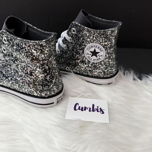 Converse Chuck Taylor All Star Hi Black/Silver/White Glitter Sneaker SZ 6 A09270 - Picture 3 of 11